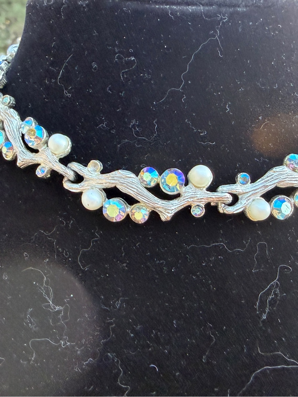 Vintage Silver Branch Necklace with Aurora Borealis Crystals and Pearls